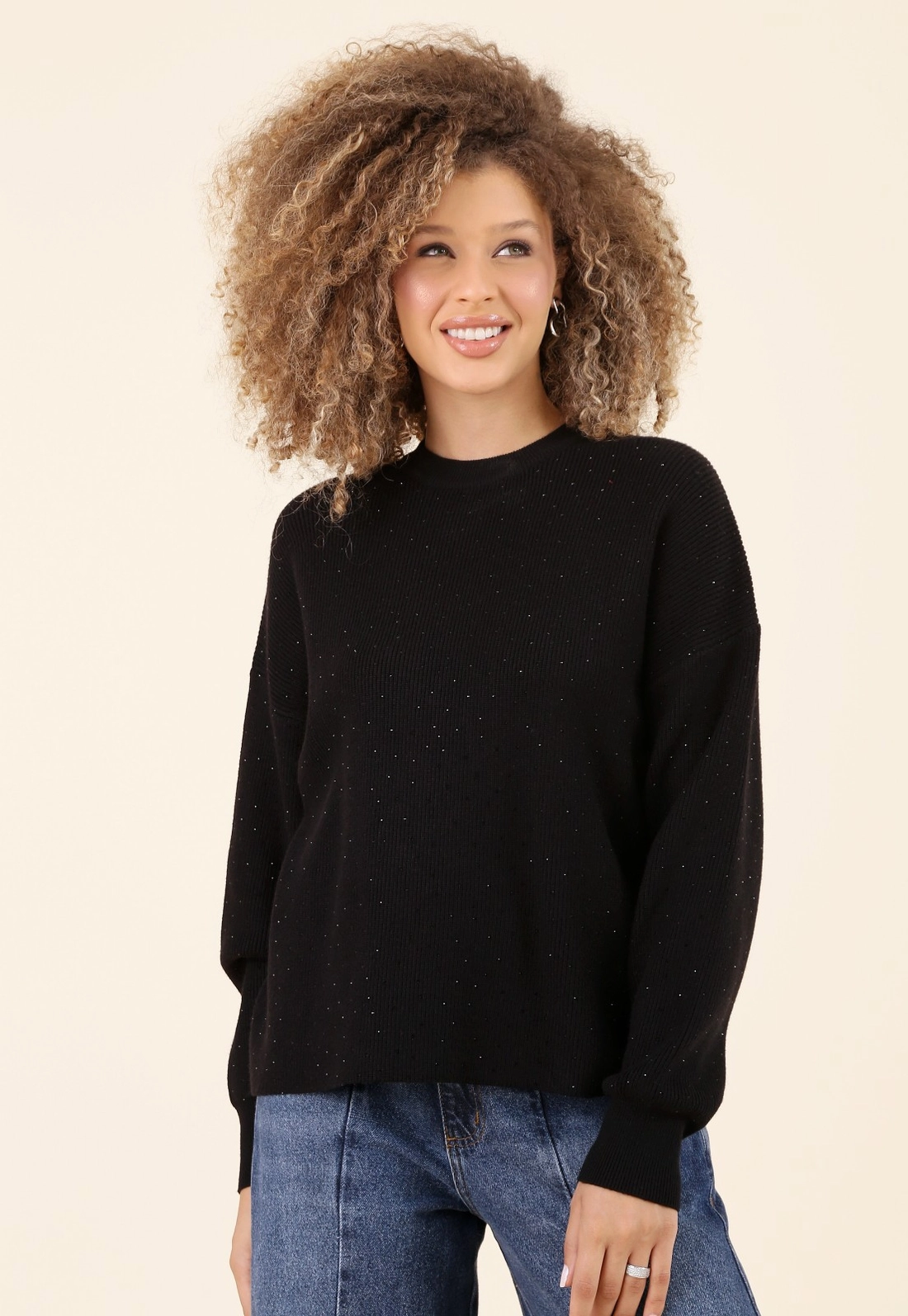 Blusa Tricô Alongado Manga Longa Com Strass