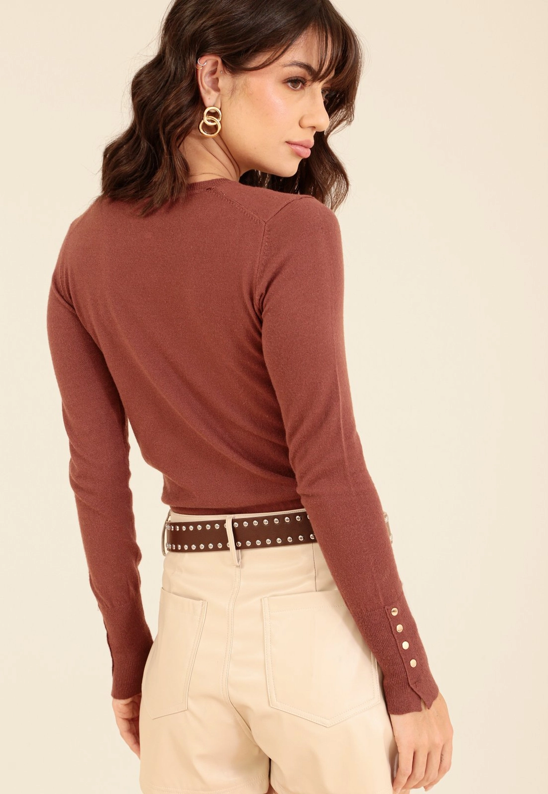 Blusa Tricô Manga Longa Com Botões Punho