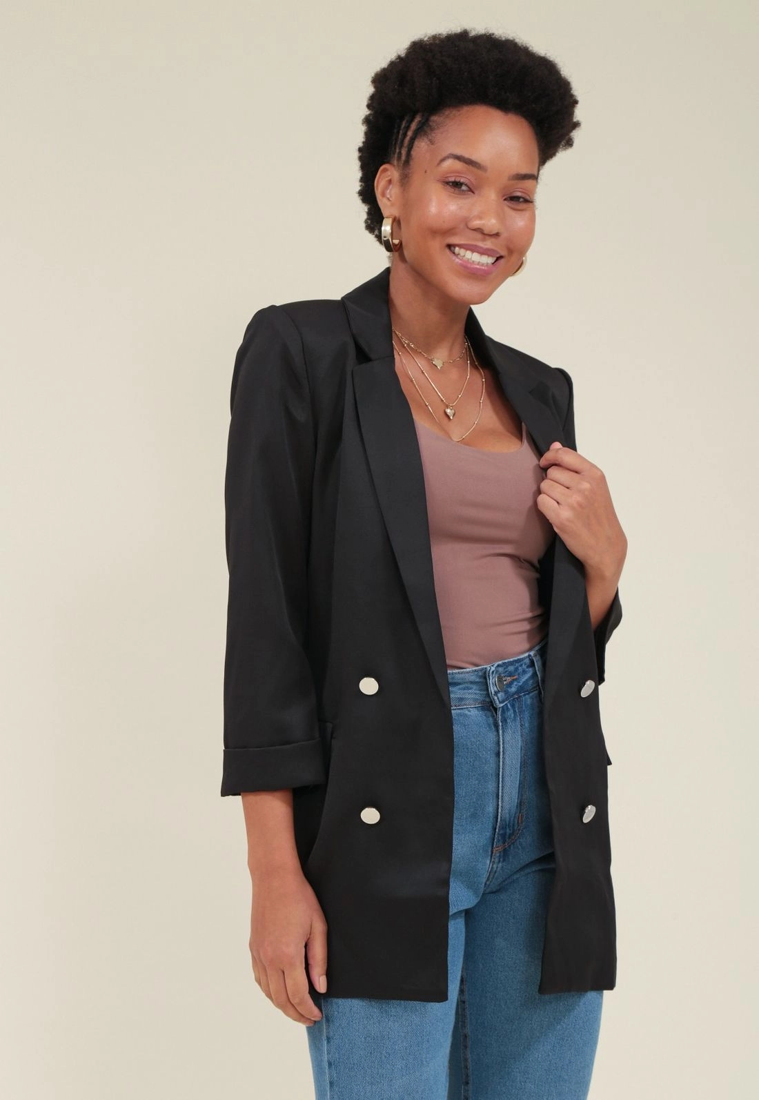 Blazer Em Alfaiataria Manga 7/8 E Botões