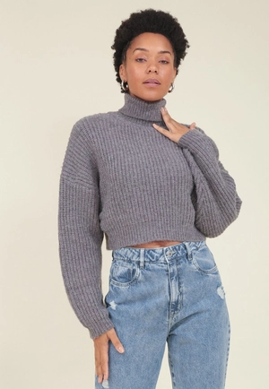 Blusa Tricô Cropped Manga Longa Gola Alta