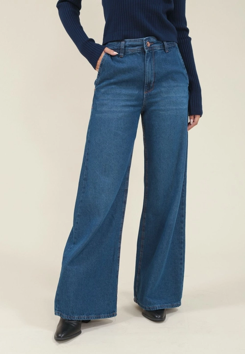 Calça Jeans Wide Leg Bolso Faca