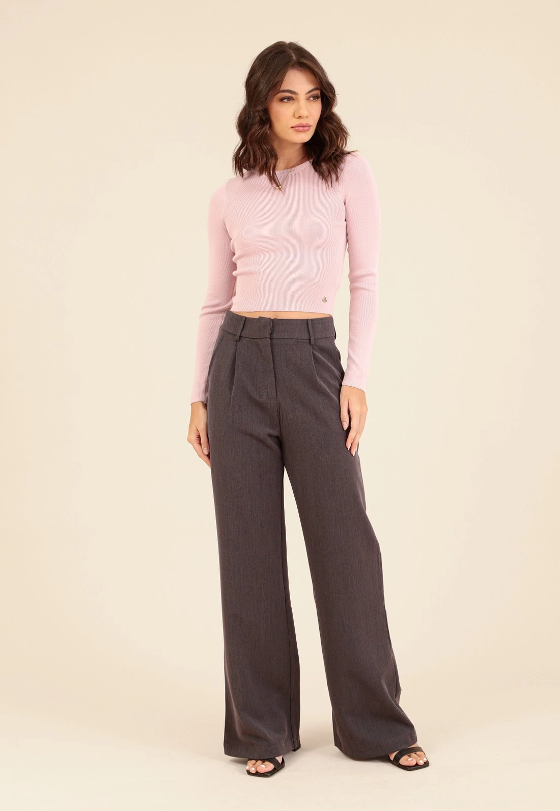 Blusa Cropped Em Tricô Manga Longa Básica