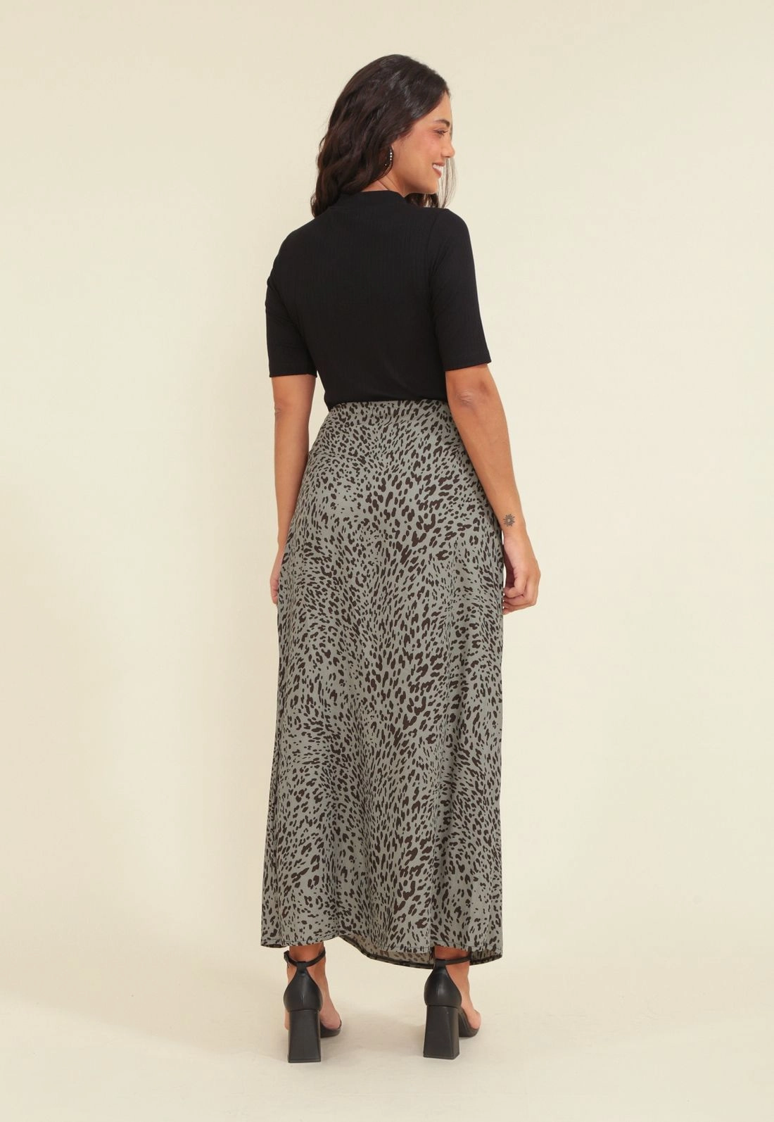 Saia Viscose Midi Fenda Frontal Animal Print Green