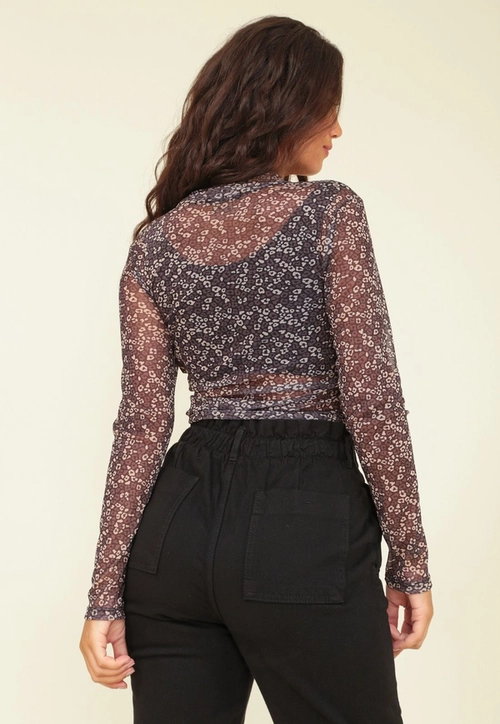 Blusa Em Tule Manga Longa Animal Print Com Gola Alta