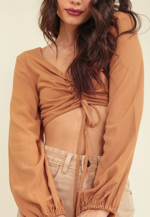 Cropped Viscolinho Manga Longa Puxador Frente