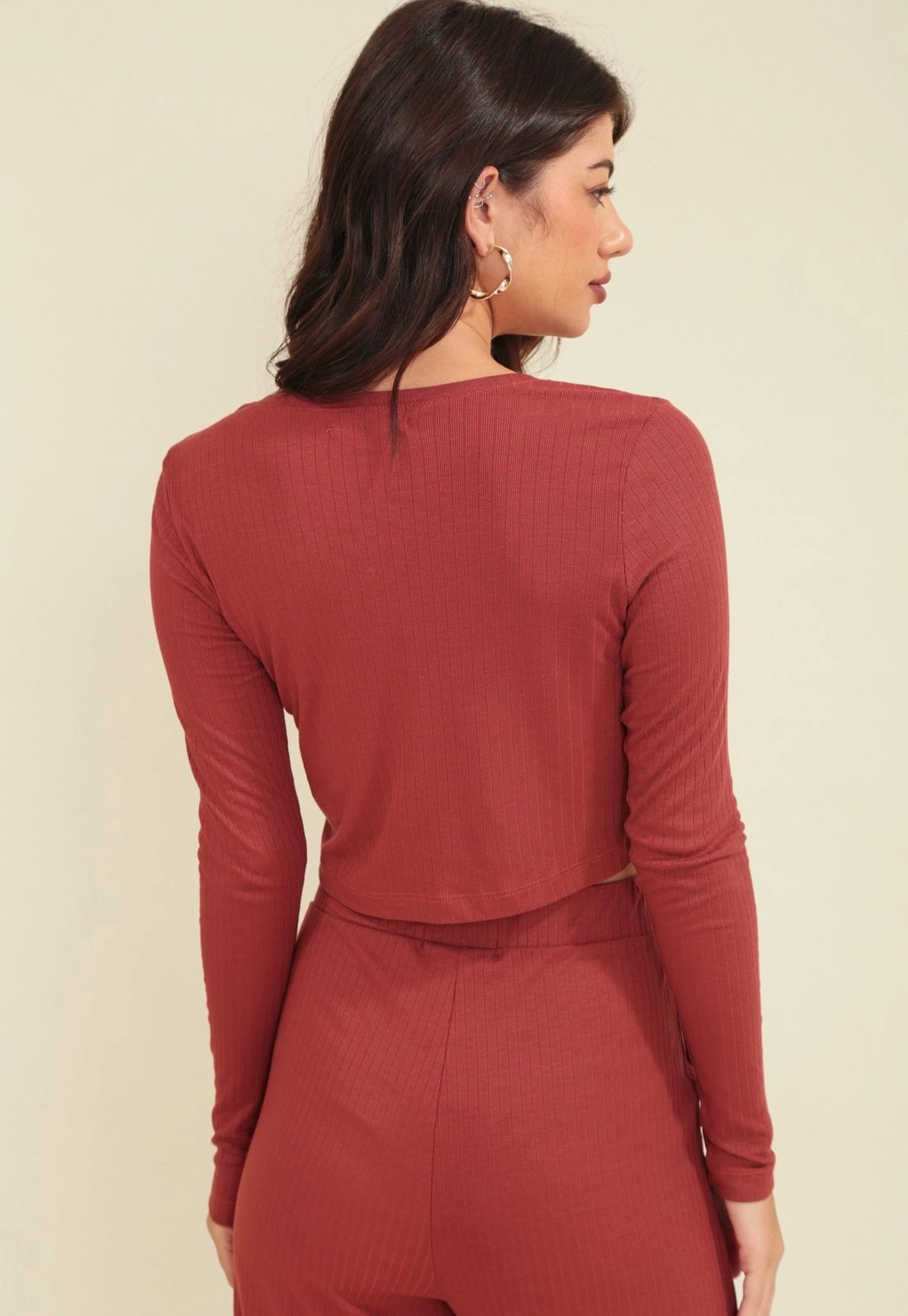 Blusa Cropped Malha Canelado Manga Longa