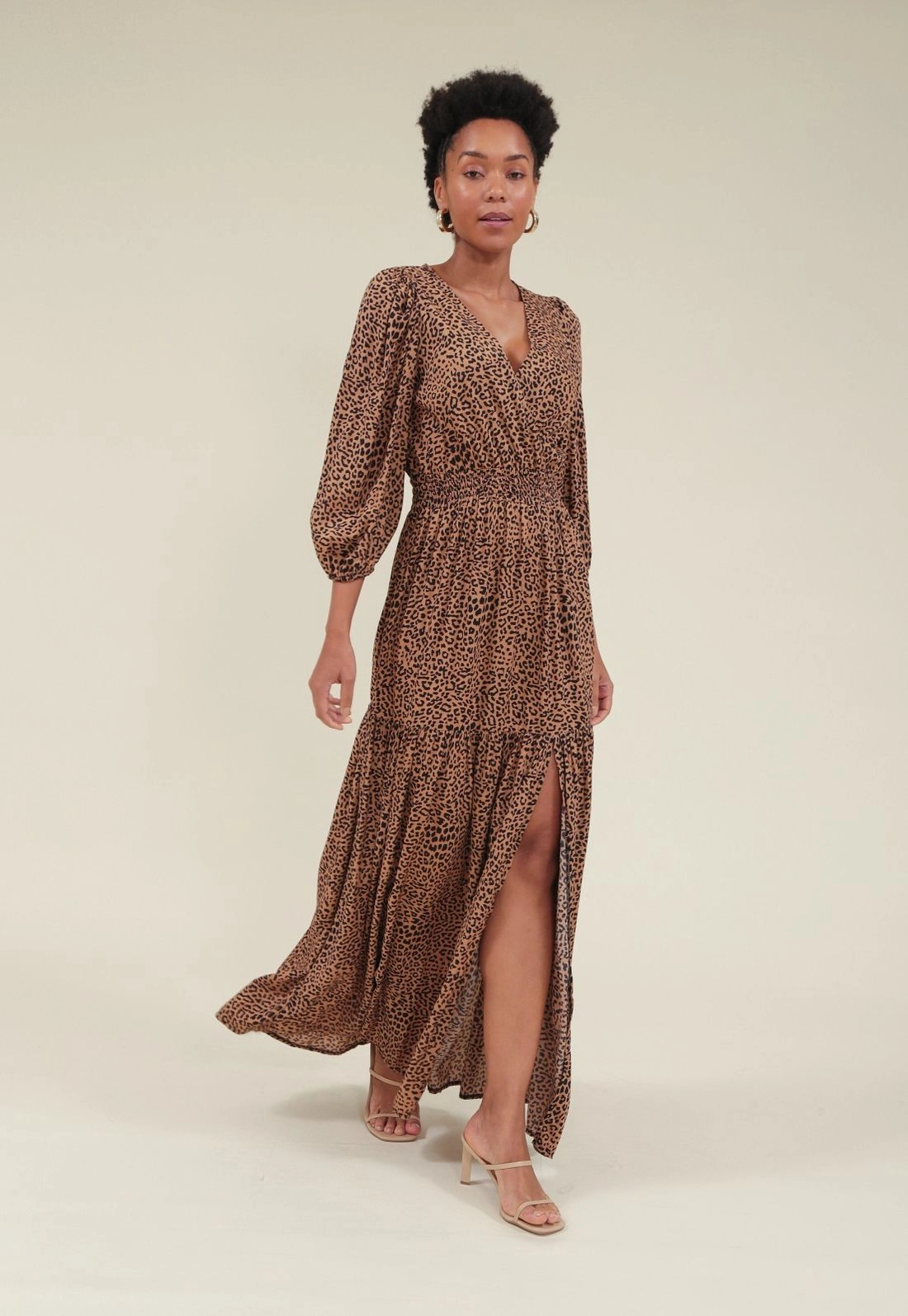 Vestido Longo Com Decote Transpassado E Manga 3/4 Em Viscose Animal Print