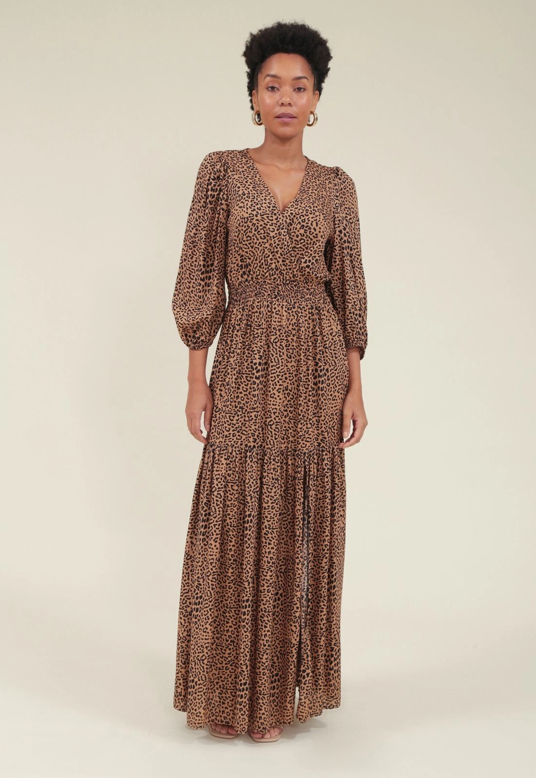 Vestido Longo Com Decote Transpassado E Manga 3/4 Em Viscose Animal Print
