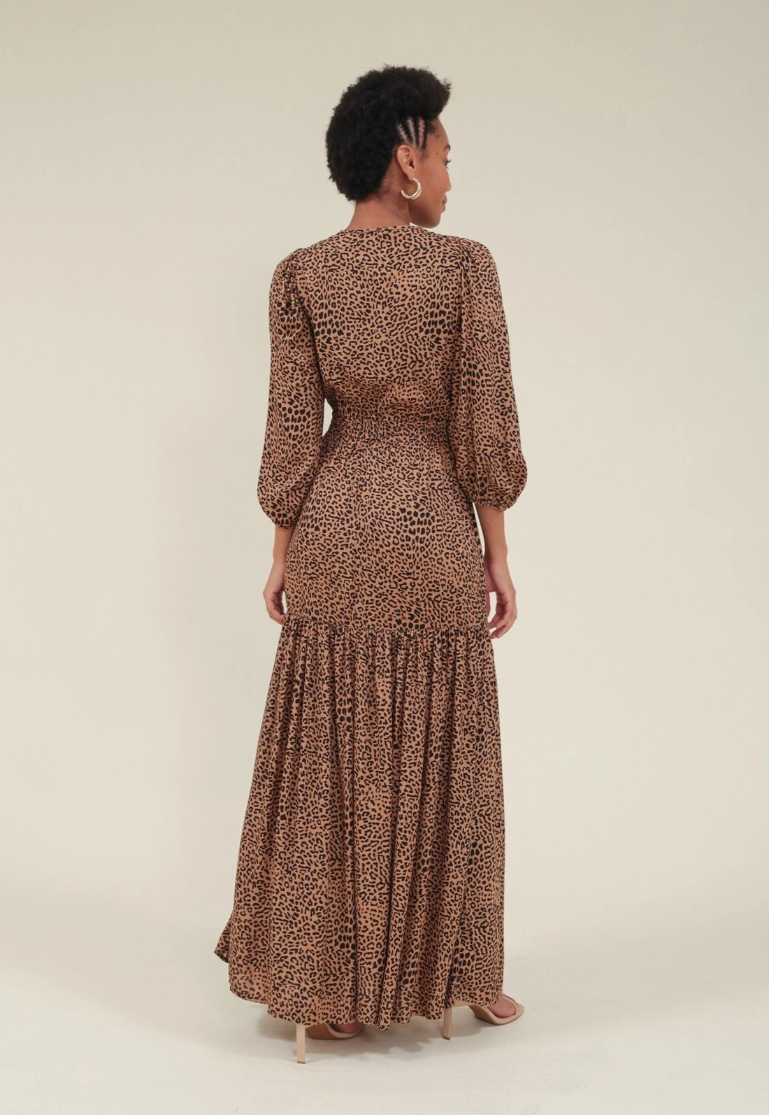 Vestido Longo Com Decote Transpassado E Manga 3/4 Em Viscose Animal Print