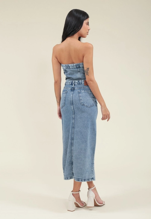 Saia Midi Jeans Fenda Frontal