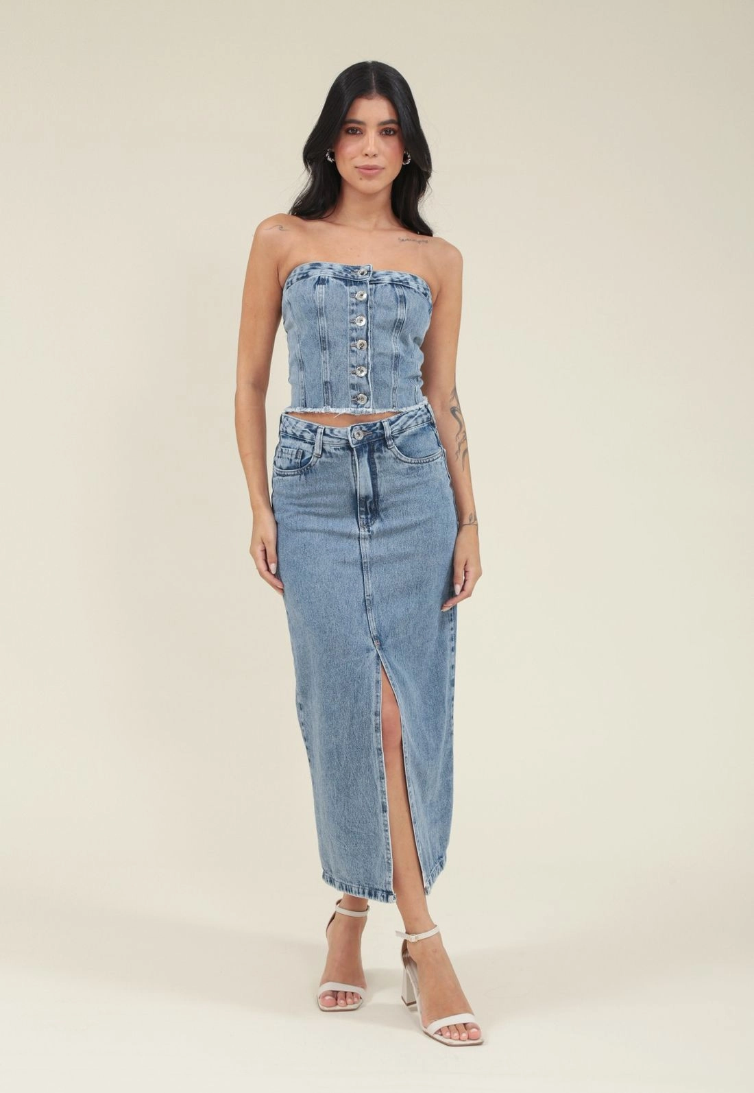 Saia Midi Jeans Fenda Frontal