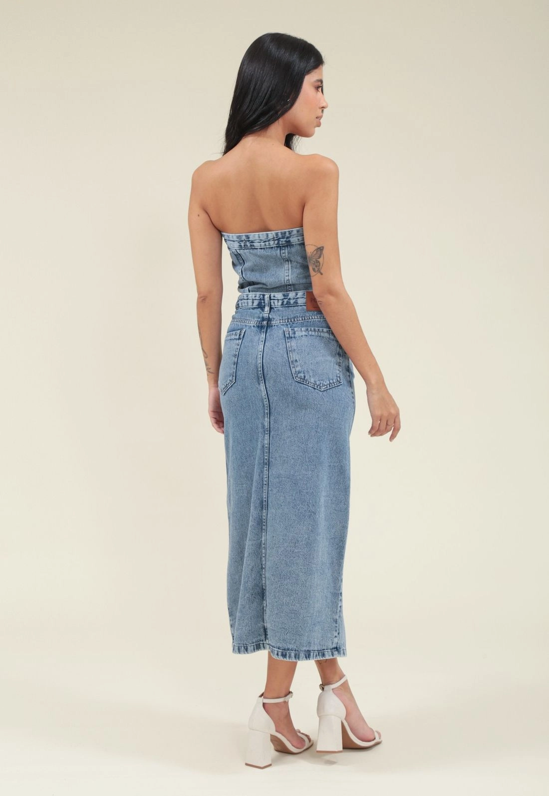 Saia Midi Jeans Fenda Frontal