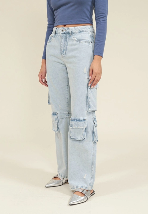 Calça Jeans Reta Com Bolsos Cargo