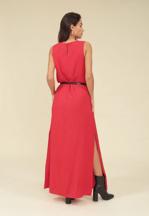 Vestido Viscolinho Longo Sem Manga Com Cinto