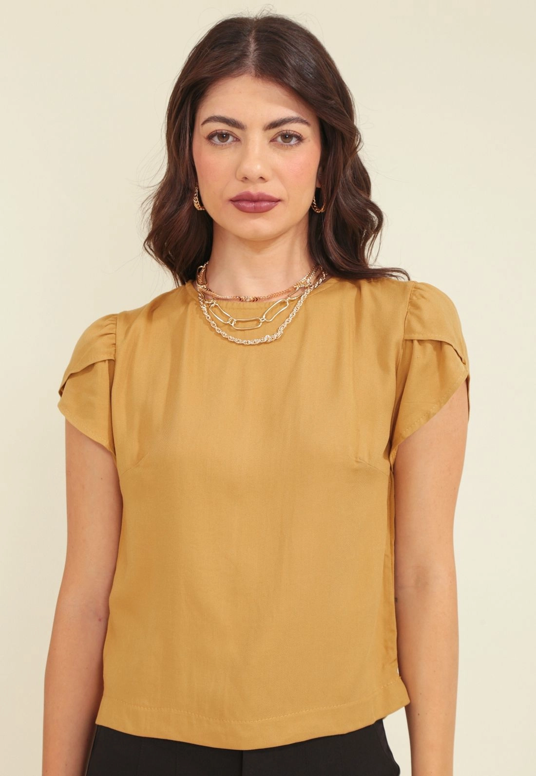 Blusa Viscose Twill Com Manga Curta Tulipa