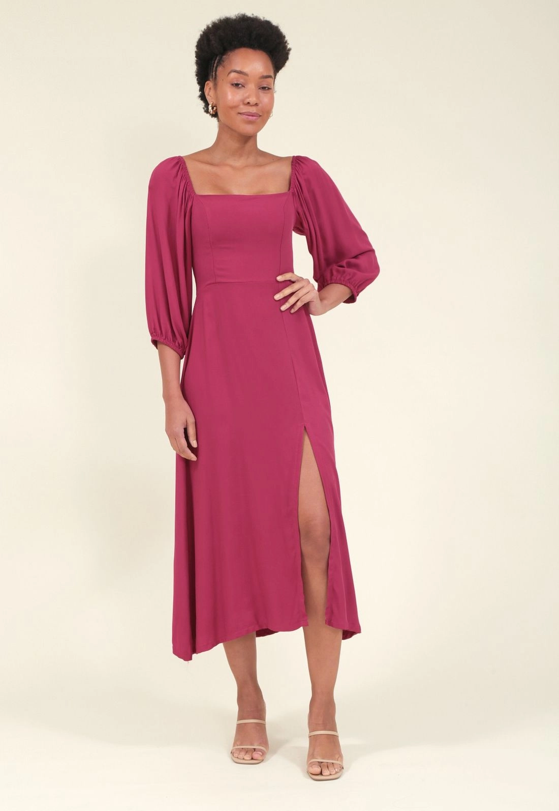 Vestido Midi Em Viscose Twill Manga 7/8