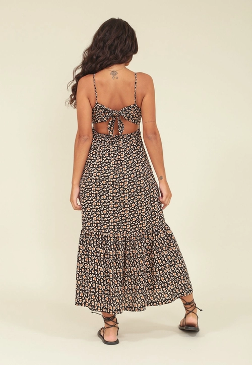 Vestido Midi Em Viscose Com Alca E Estampa Animal Print