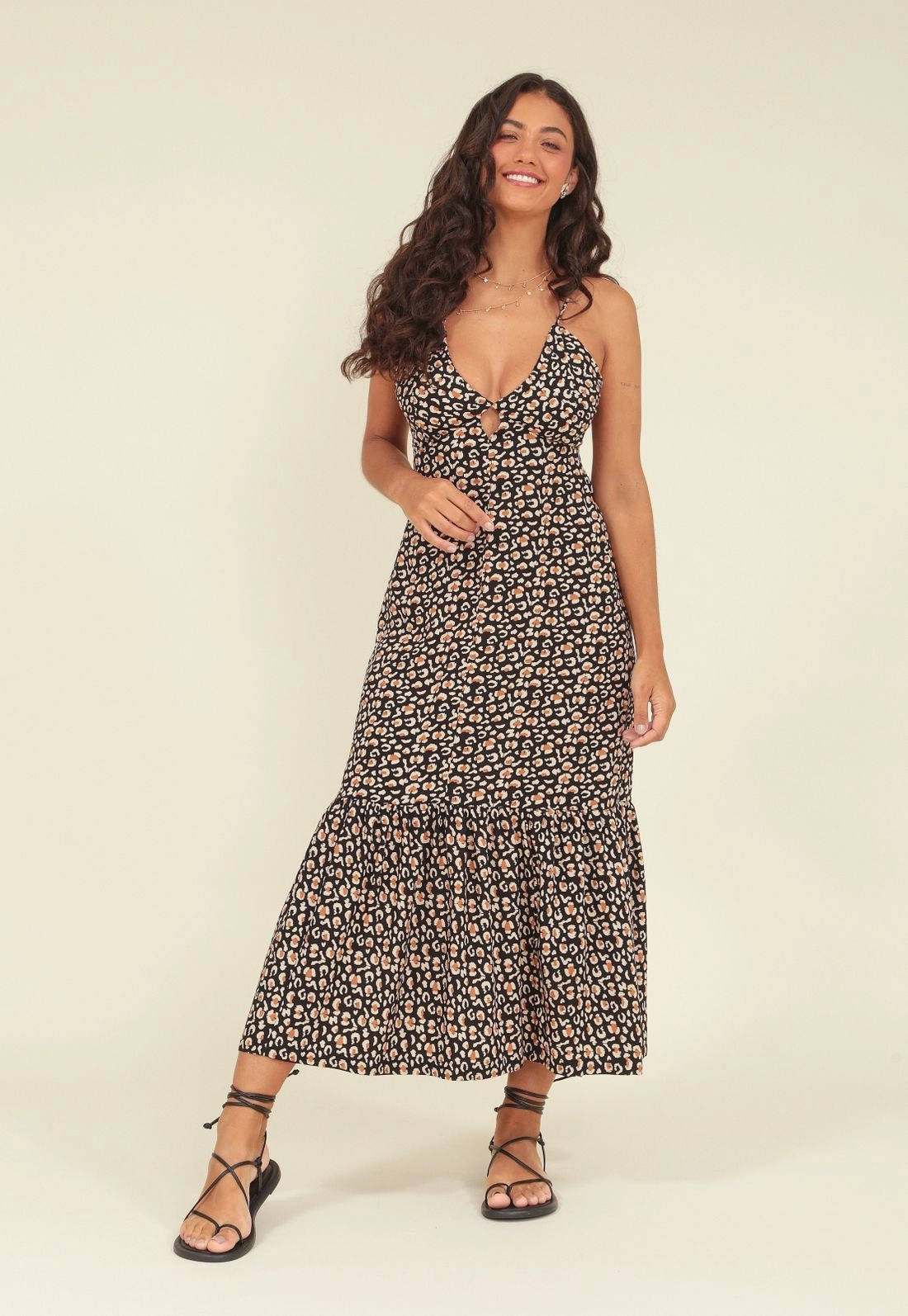 Vestido Midi Em Viscose Com Alca E Estampa Animal Print