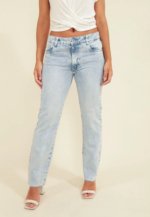 Calça Jeans Reta Cintura Média Com Strass