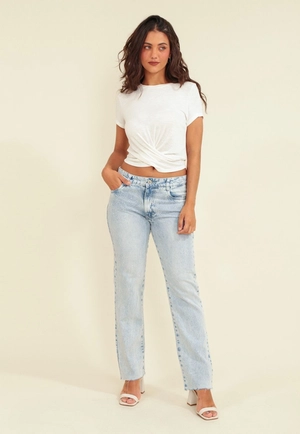Calça Jeans Reta Cintura Média Com Strass