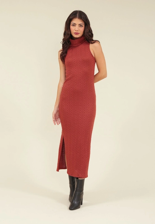 Vestido Malha Tricot Gola Alta Sem Manga P