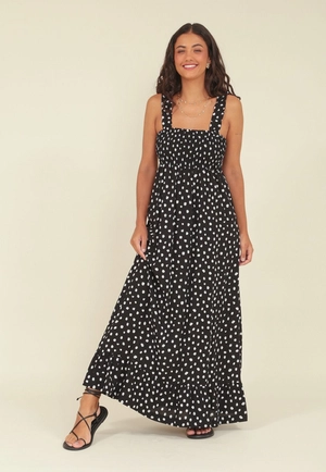 Vestido Midi Em Viscose Com Alça, Lastex E Estampa Poa