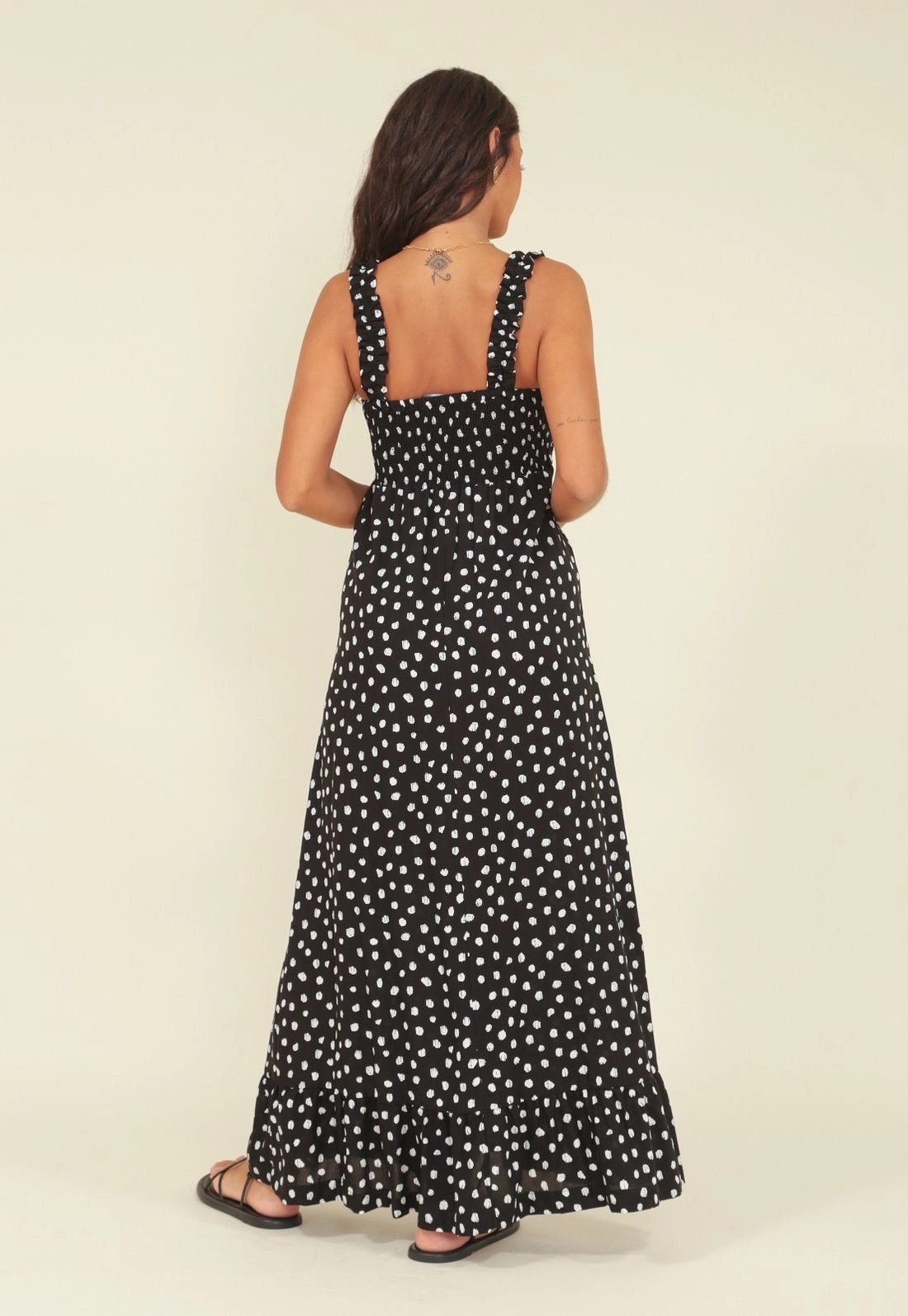 Vestido Midi Em Viscose Com Alça, Lastex E Estampa Poa