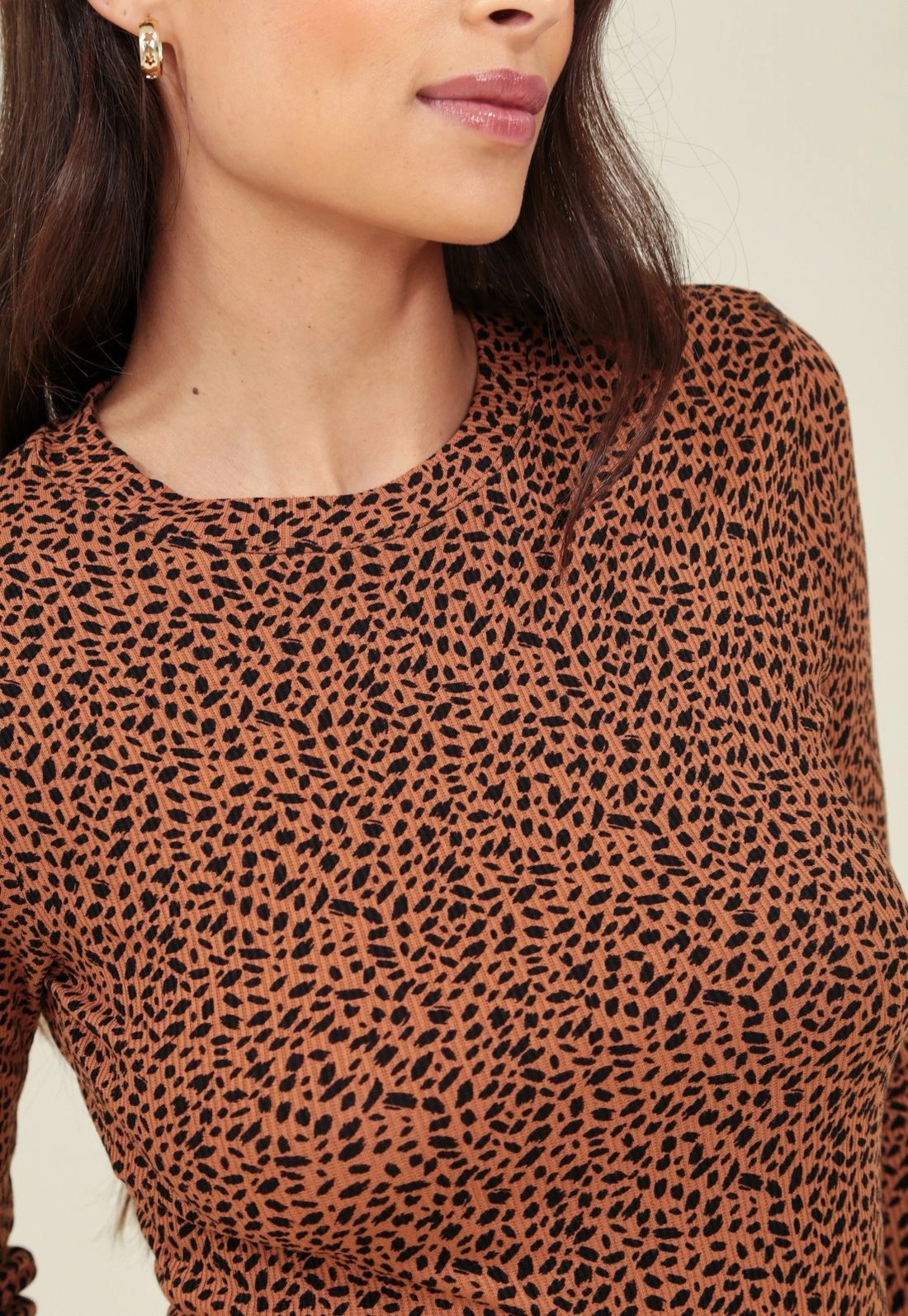 Blusa Malha Canelada Manga Longa Animal Print