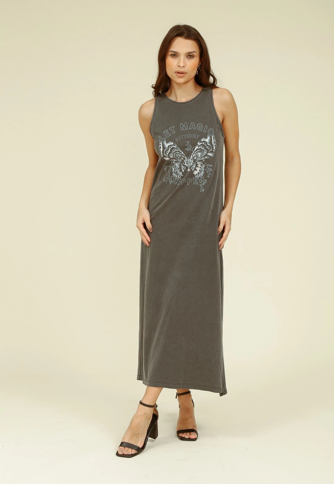 Vestido Midi Meia Malha Estonado Sem Manga Let Magic