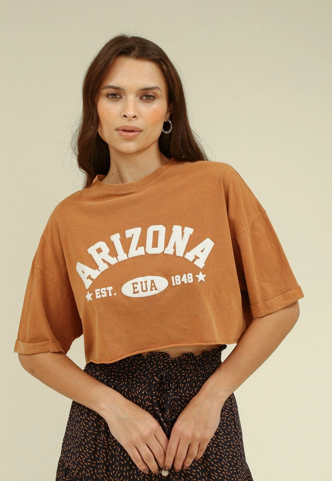 Camiseta Cropped Em Meia Malha Est M/C E Silk Arizona