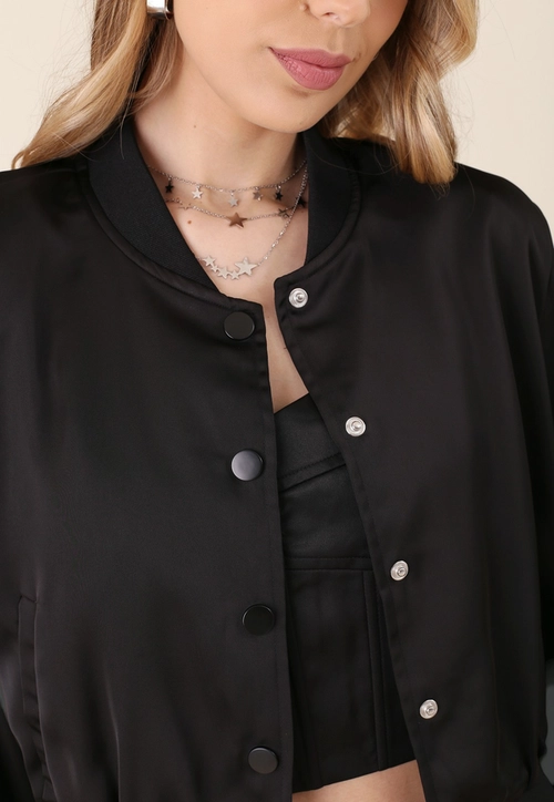 Jaqueta Cropped Cetim Com Barra Em Retilínea