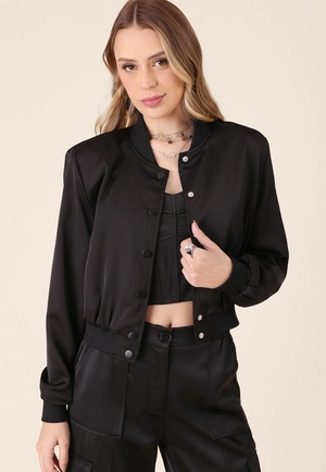 Jaqueta Cropped Cetim Com Barra Em Retilínea