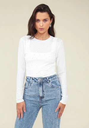 Blusa Tule Manga Longa Com Hot Fix