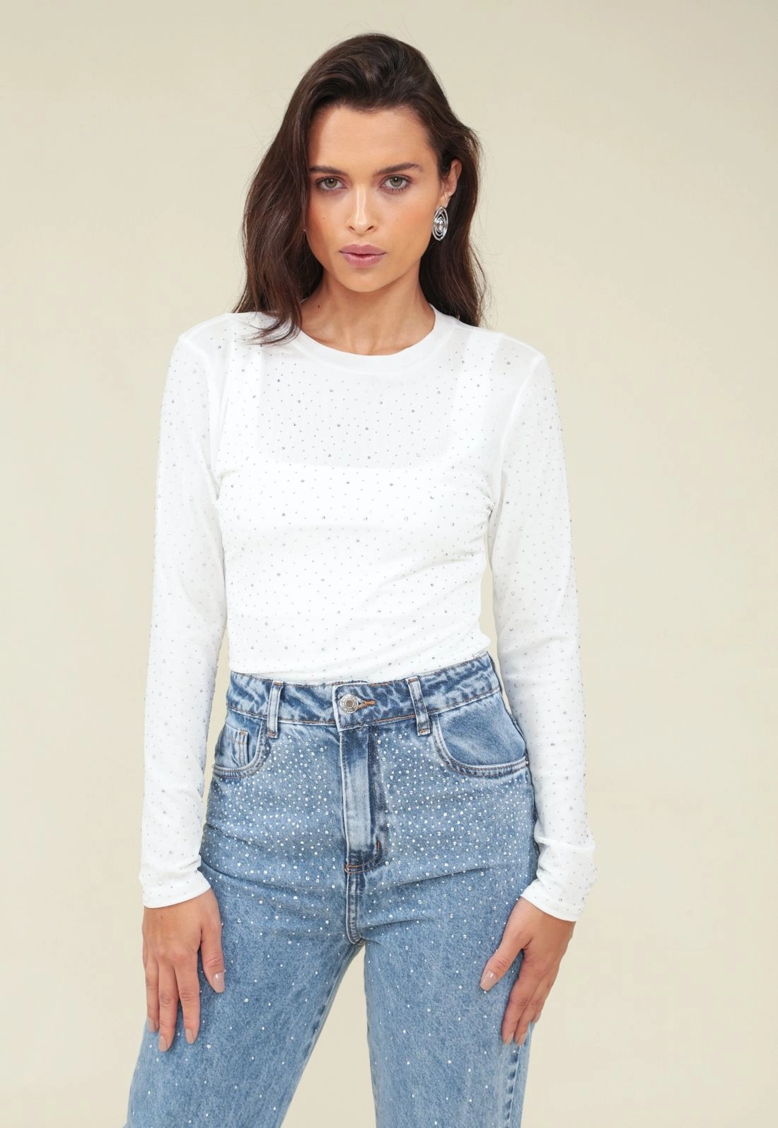 Blusa Tule Manga Longa Com Hot Fix