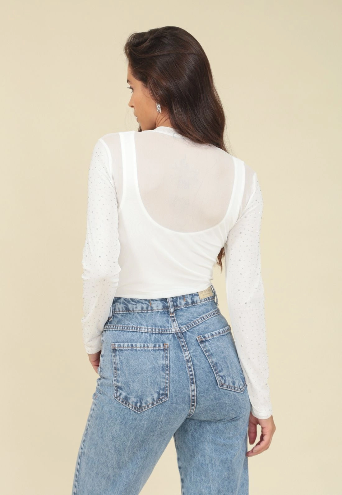 Blusa Tule Manga Longa Com Hot Fix