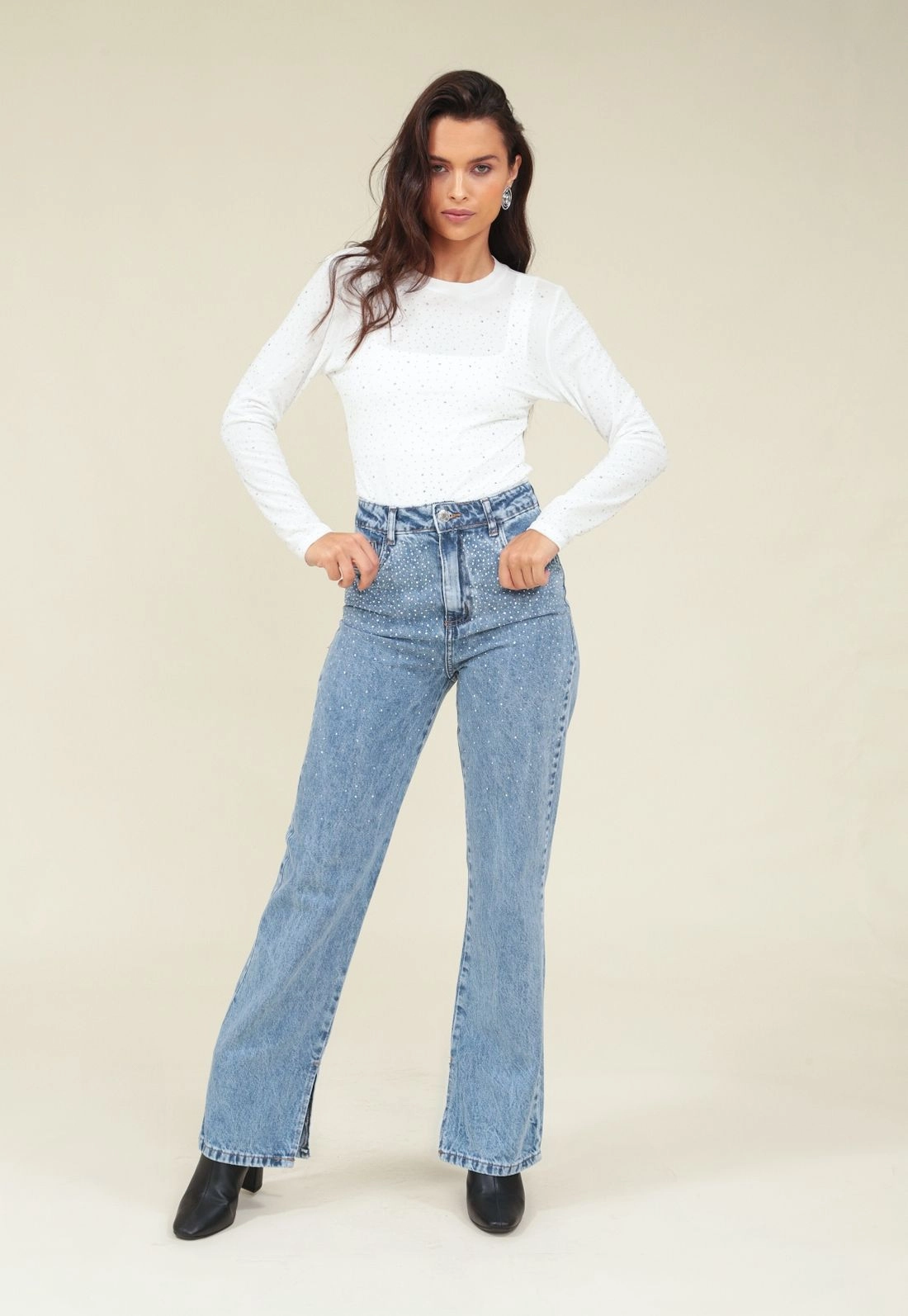 Blusa Tule Manga Longa Com Hot Fix