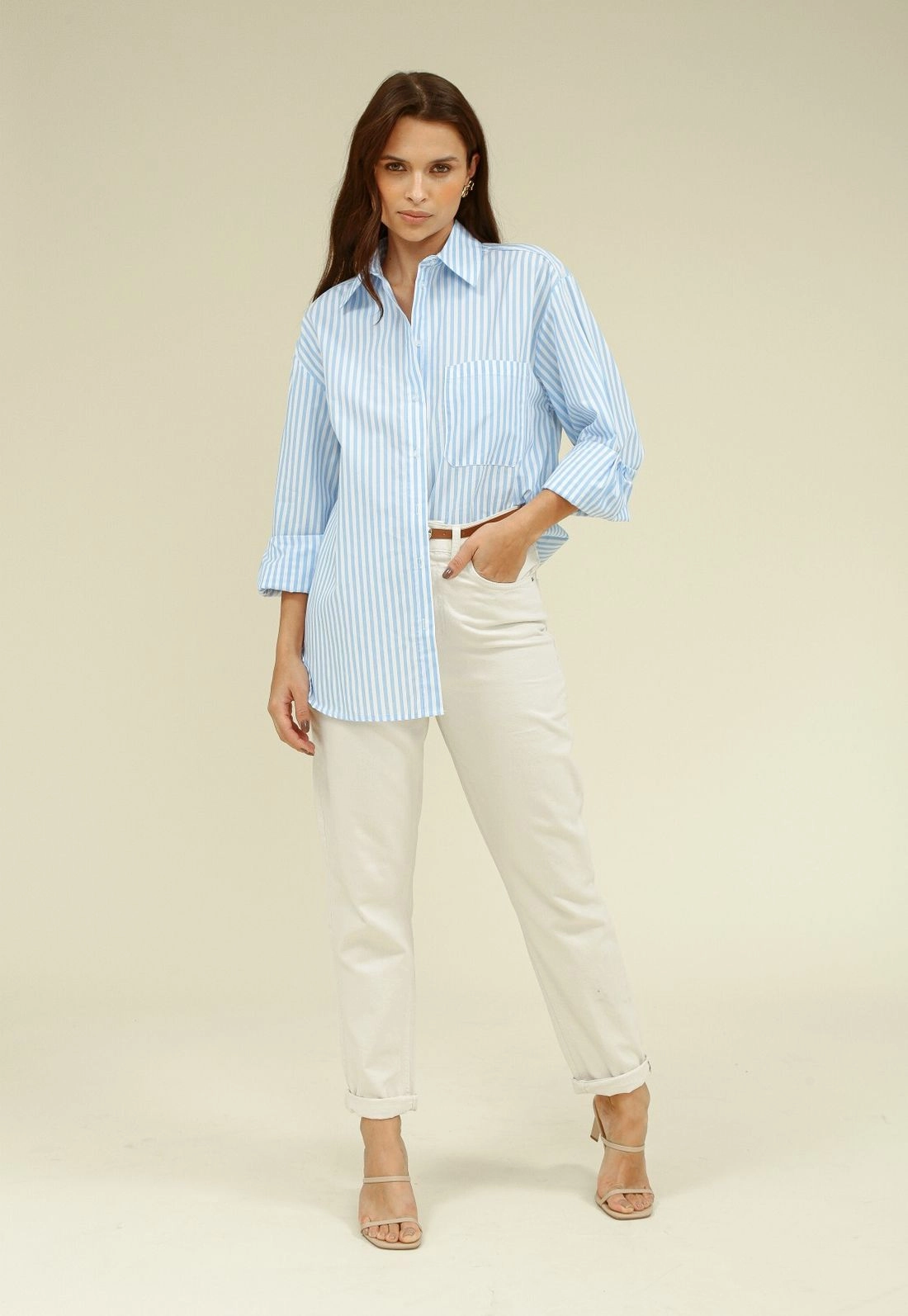 Camisa Em Tricoline Oversized Listrado Manga Longa