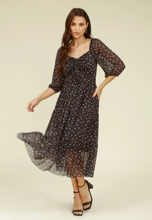 Vestido Midi Em Tule Estampado Liberty Com Franzido No Decote