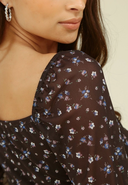 Blusa Tule Estampado Hortênsia Manga Longa Lastex Barra
