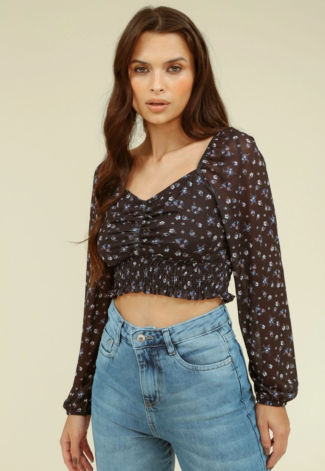 Blusa Tule Estampado Hortênsia Manga Longa Lastex Barra