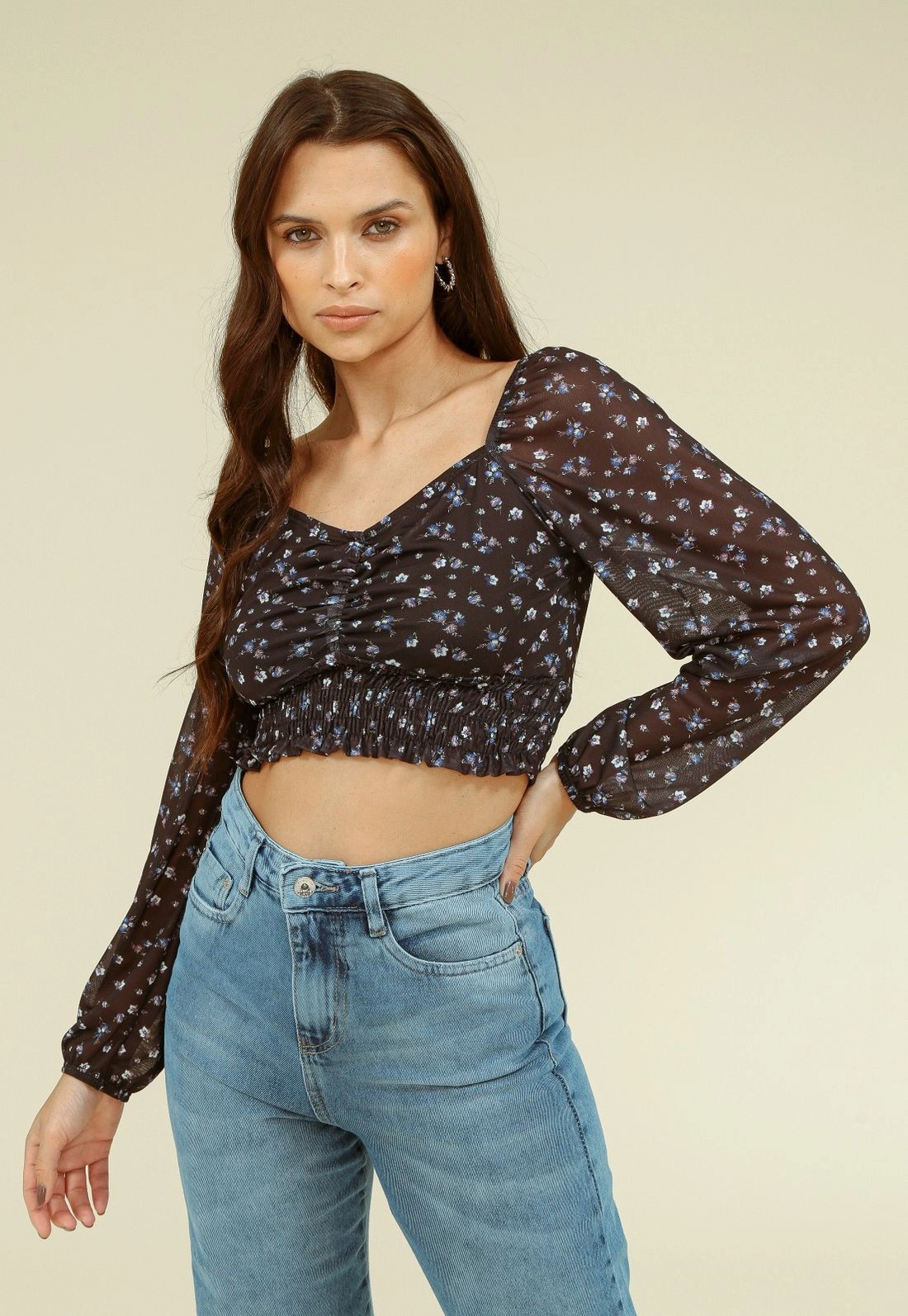 Blusa Tule Estampado Hortênsia Manga Longa Lastex Barra