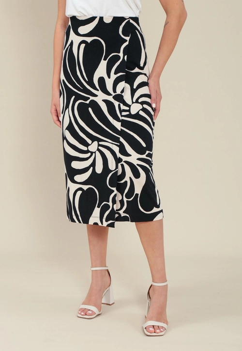 Saia Midi Pareo Em Malha Estampada Bicolor