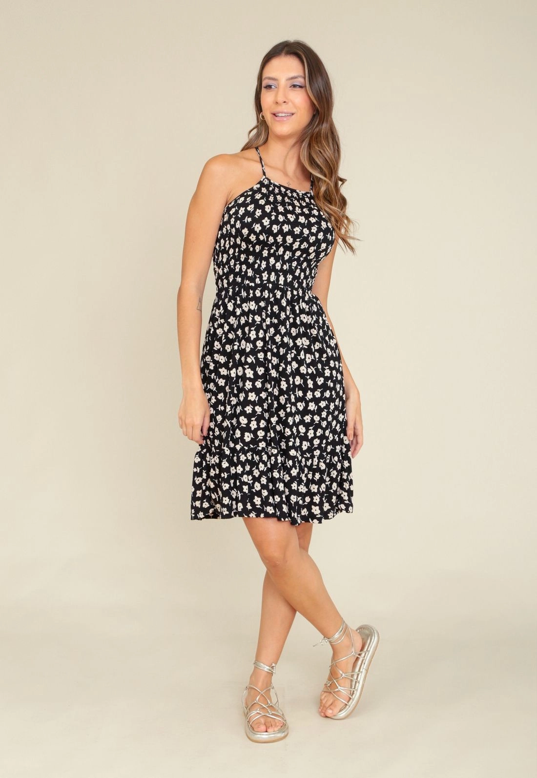 Vestido Curto Em Ribana Com Alça E Lastex Estampa Mini Flor