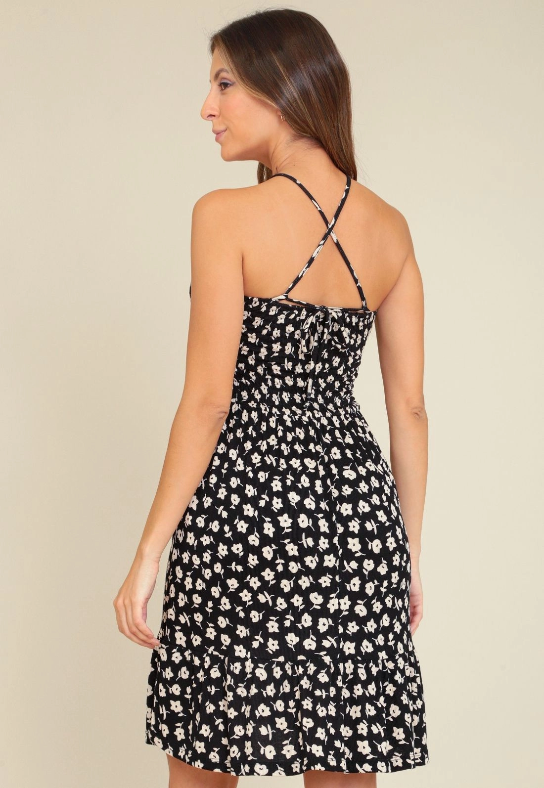 Vestido Curto Em Ribana Com Alça E Lastex Estampa Mini Flor