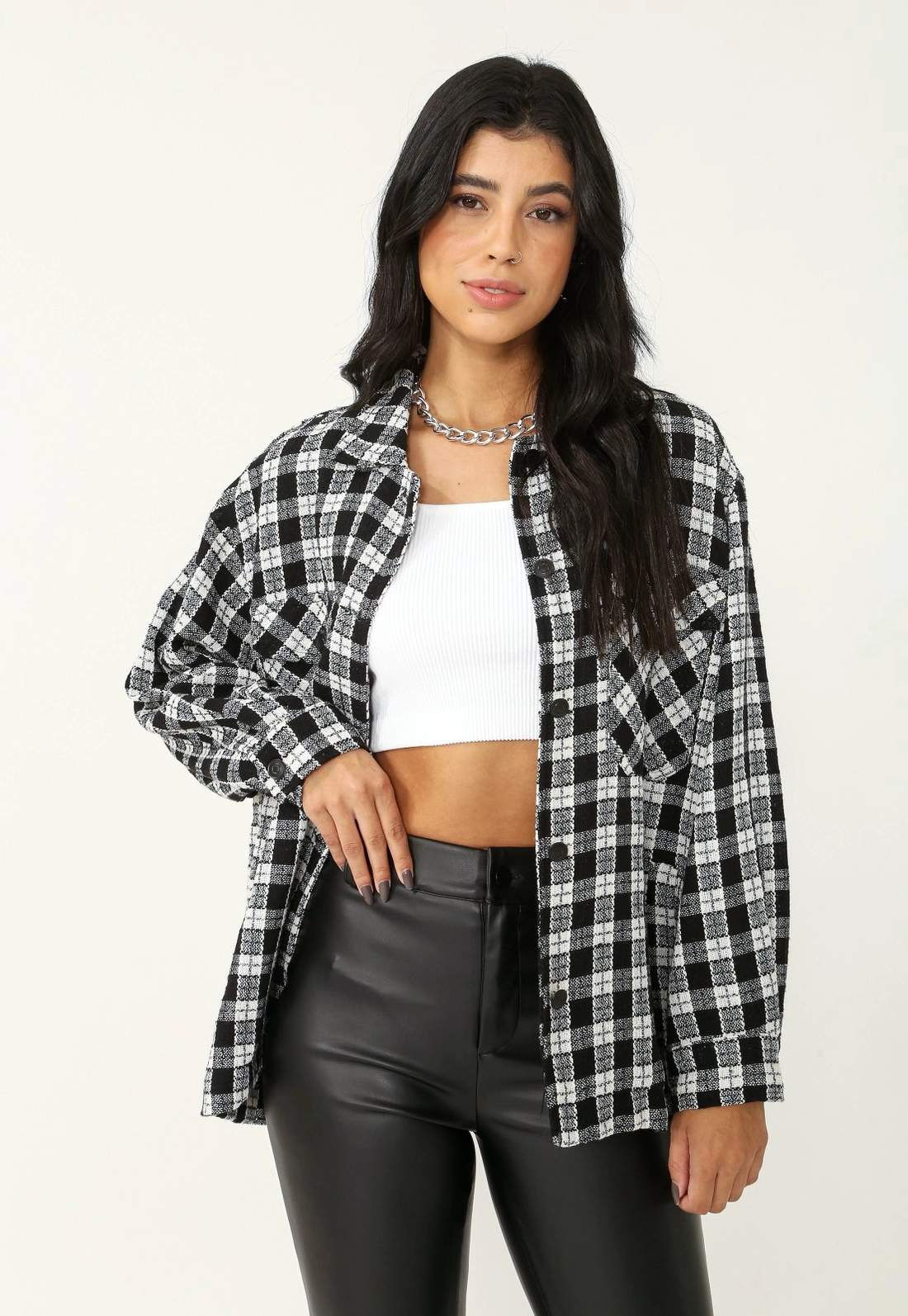 Overshirt Tweed Bolso Frente Manga Longa