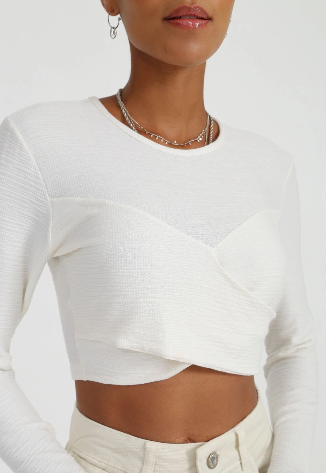 Blusa Cropped Manga Longa Transpasse