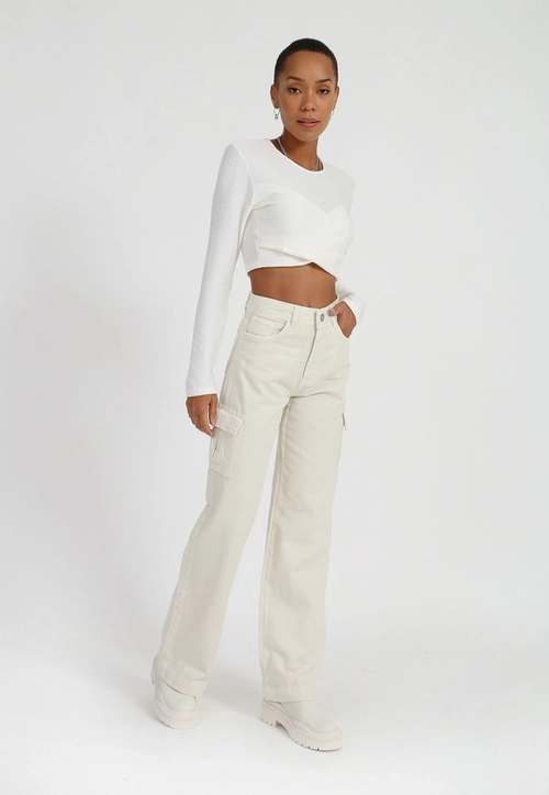 Calça Sarja Wide Leg Bolso Cargo