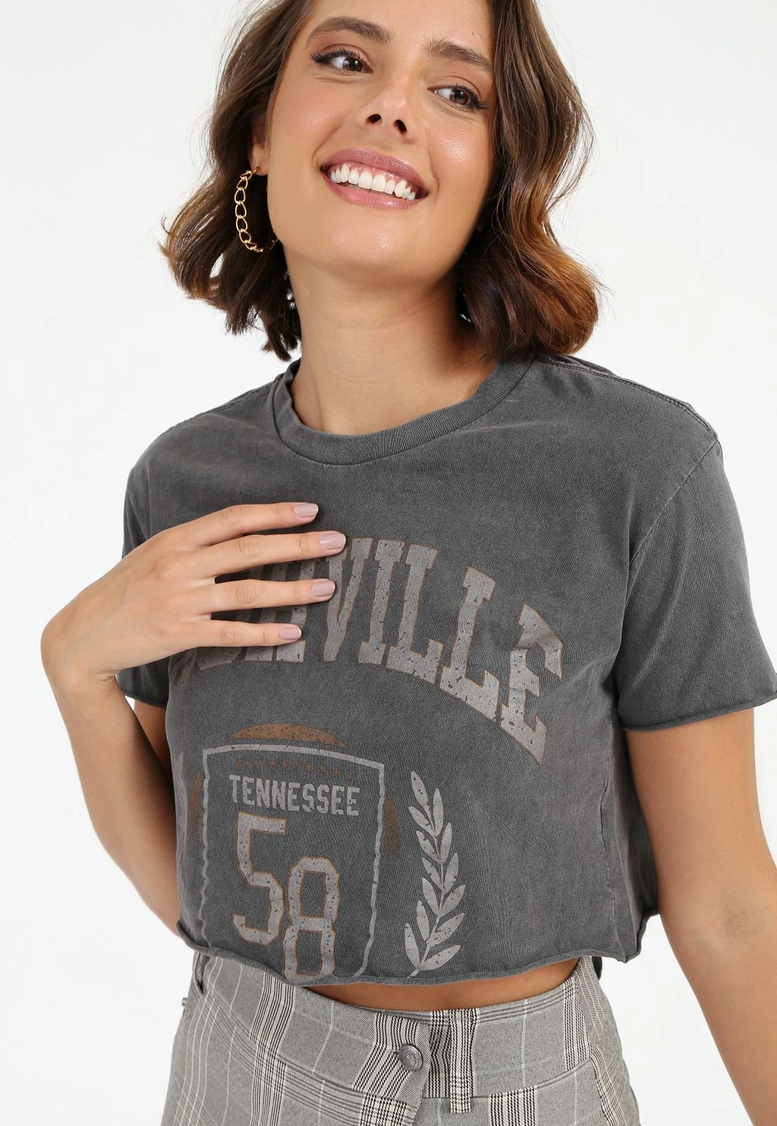 Blusa Cropped Manga Curta Estampada