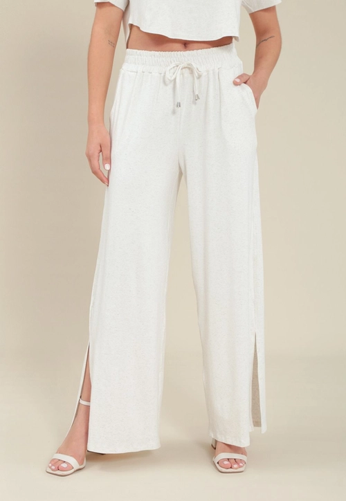 Calça Wide Leg Em Malha Linho Bolso