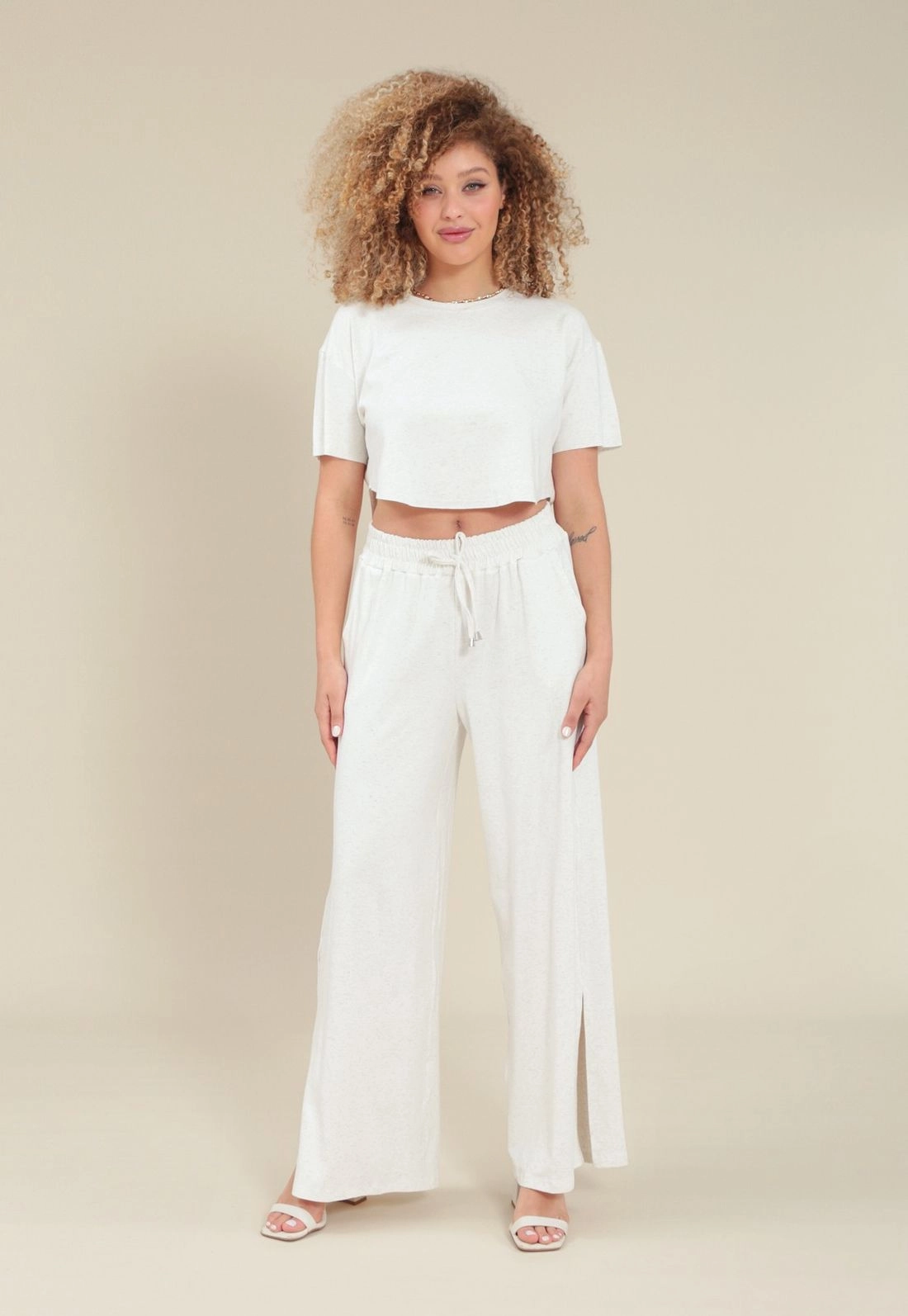 Calça Wide Leg Em Malha Linho Bolso